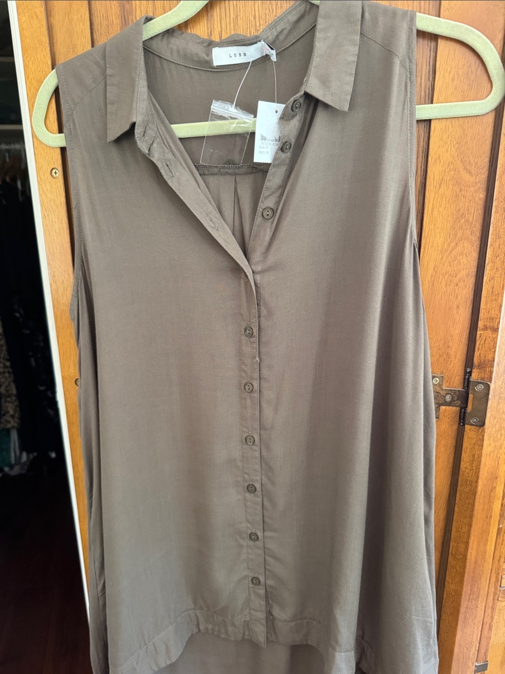Lush Sleeveless Button-Front Tunic in Olive Brown